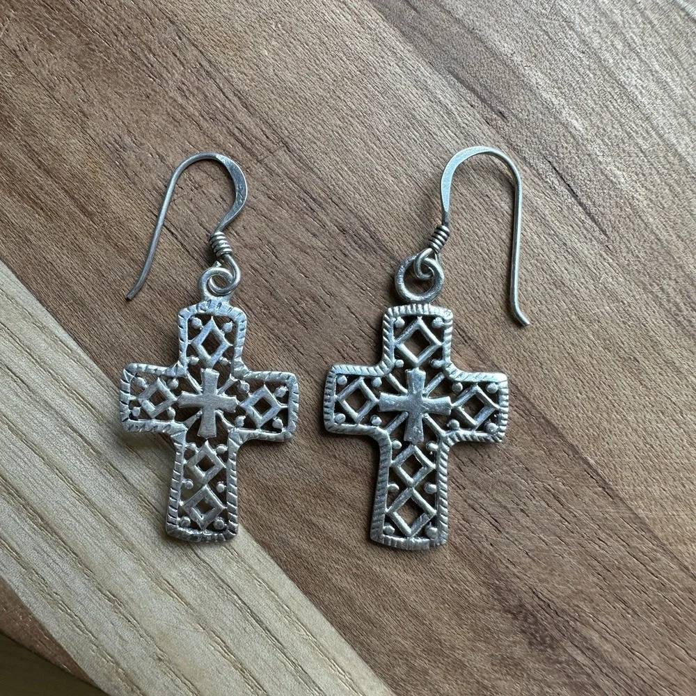 Vintage Hook Dangle Cross Earrings 1.5 Inch Openwork Filigree 925 Sterling 3.4g